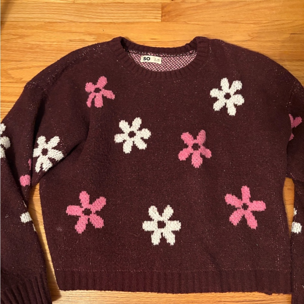 SO Brown and Pink Floral Crew Neck Sweater